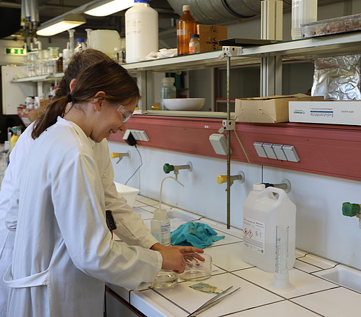 Two schoolgirls experimenting in the inorganic chemistry laboratory.