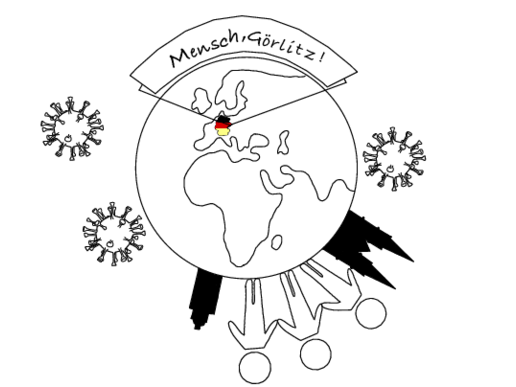 A graphic of planet Earth in which Germany is marked and viruses are located outside.