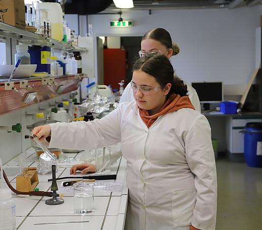 Eine Schülerin experimentiert im Labor für Anorganische Chemie mit einem Reagenzglas über einem Bunsenbrenner.