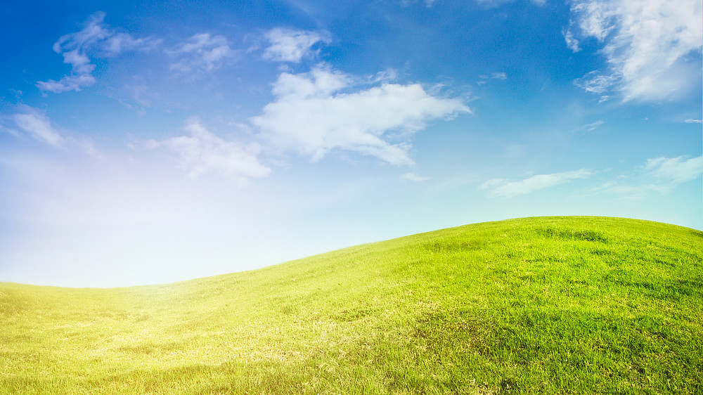 a green meadow merges into a grassy hill, above it a blue sky with scattered clouds