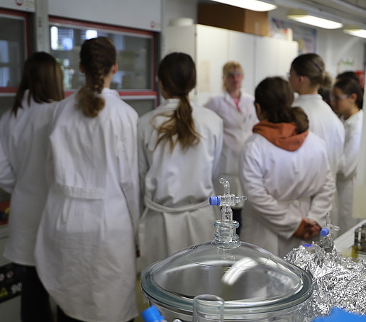 A group of schoolgirls stand in front of the fume hood in the inorganic chemistry laboratory.