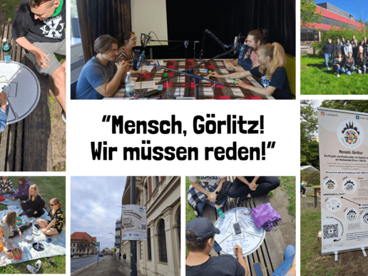 A collage of pictures of the student group, such as a group picture in front of the canteen in Görlitz and a roll-up on a meadow.