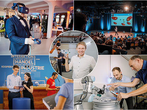 A collage of images with different perspectives on Saxony5 activities: Employees in the lab, a panel discussion, a test stand with VR goggles, man holding a model that resembles the Saxony5 logo.