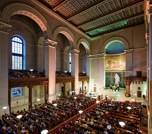 View of full rows of seats from the gallery.