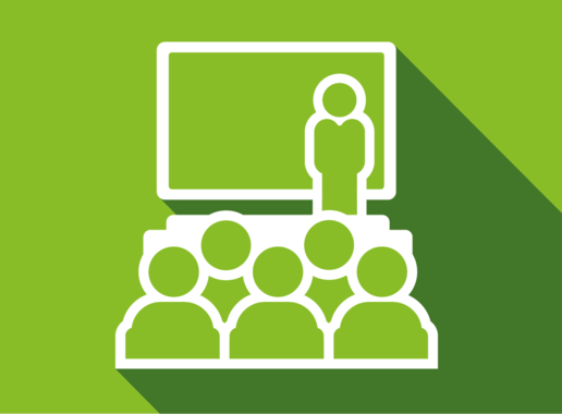 Icon with several people in front of a screen (teaching event image) on a green background.