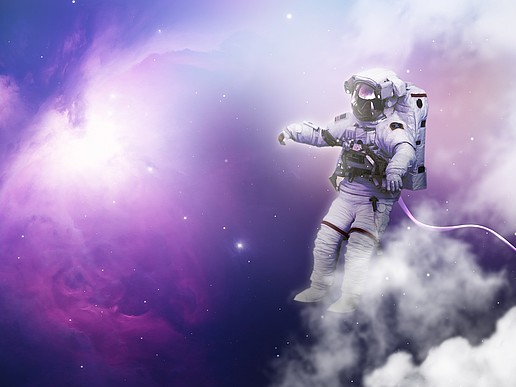 An astronaut floats through space.