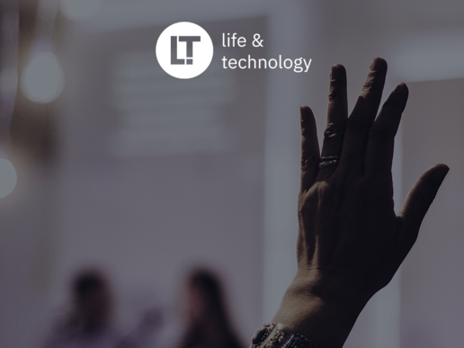 A hand stretches upwards. The Life and Technology logo can still be seen.