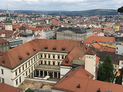 A view of Brno high above the rooftops of the city