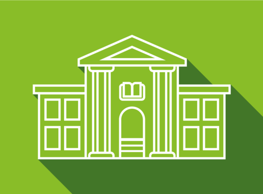 University building icon on a green background.