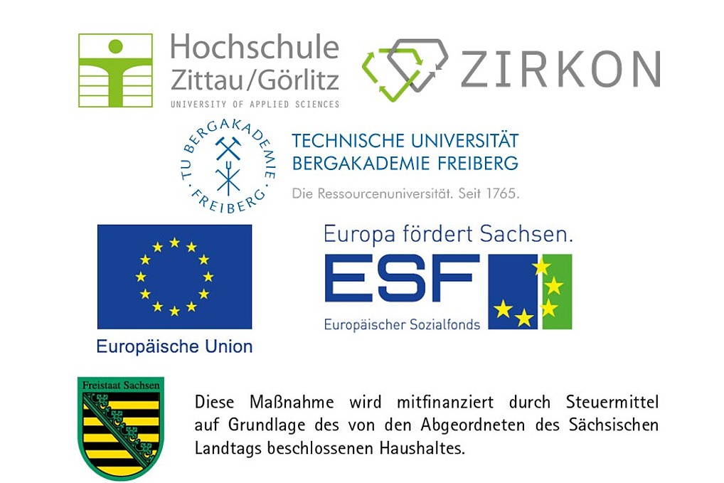 Logos of the participating universities - Zittau Görlitz University of Applied Sciences, TU Freiberg and the funding bodies European Social Fund and the Federal State of Saxony
