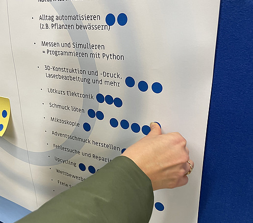 Ein Besucher klebt einen blauen Punkt auf ein Poster.