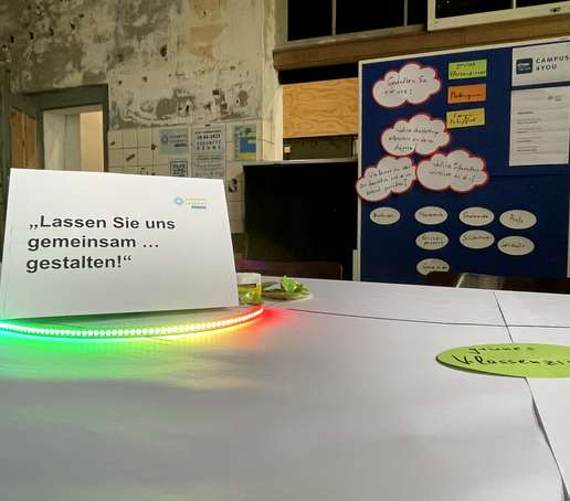 Auf einem Tisch liegt eine LED-Leuchtkette mit einem Schild, im Hintergrund steht eine Pinnwand mit angepinnten kleinen Schildern.