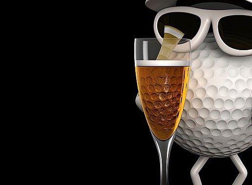 Golf ball with sunglasses and cap and a beer