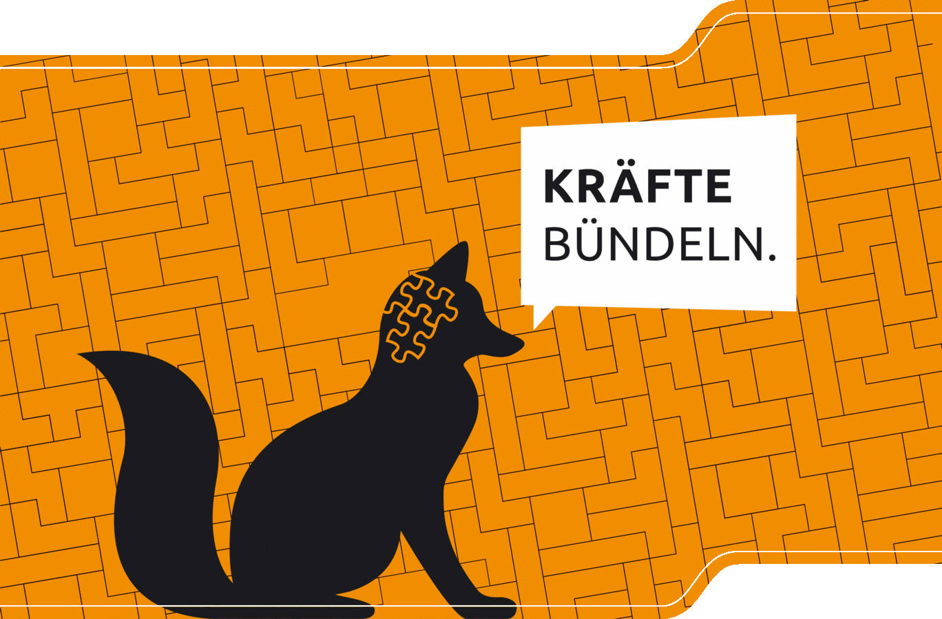 Schwarzer Fuchs auf orangenen Kacheln und einer Sprechblase in der KRÄFTE BÜNDELN geschrieben steht