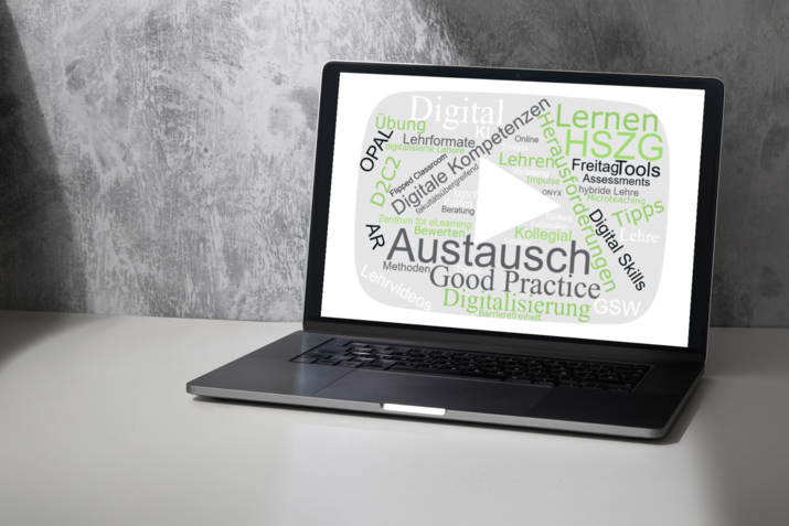 Graphic of a laptop screen displaying a word cloud on digital teaching at Zittau/Görlitz University of Applied Sciences. The word cloud contains key terms and topics that are relevant to digital teaching at the university. The graphic was created using the online tools wortwolken.com and Canva.com.